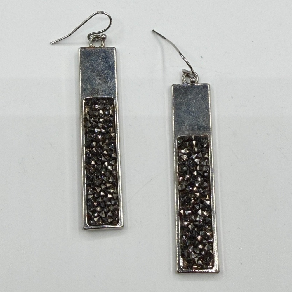 Silver Tone Black Druzy Crystal Bar Drop Earrings Long Rectangle Dangle Pierced